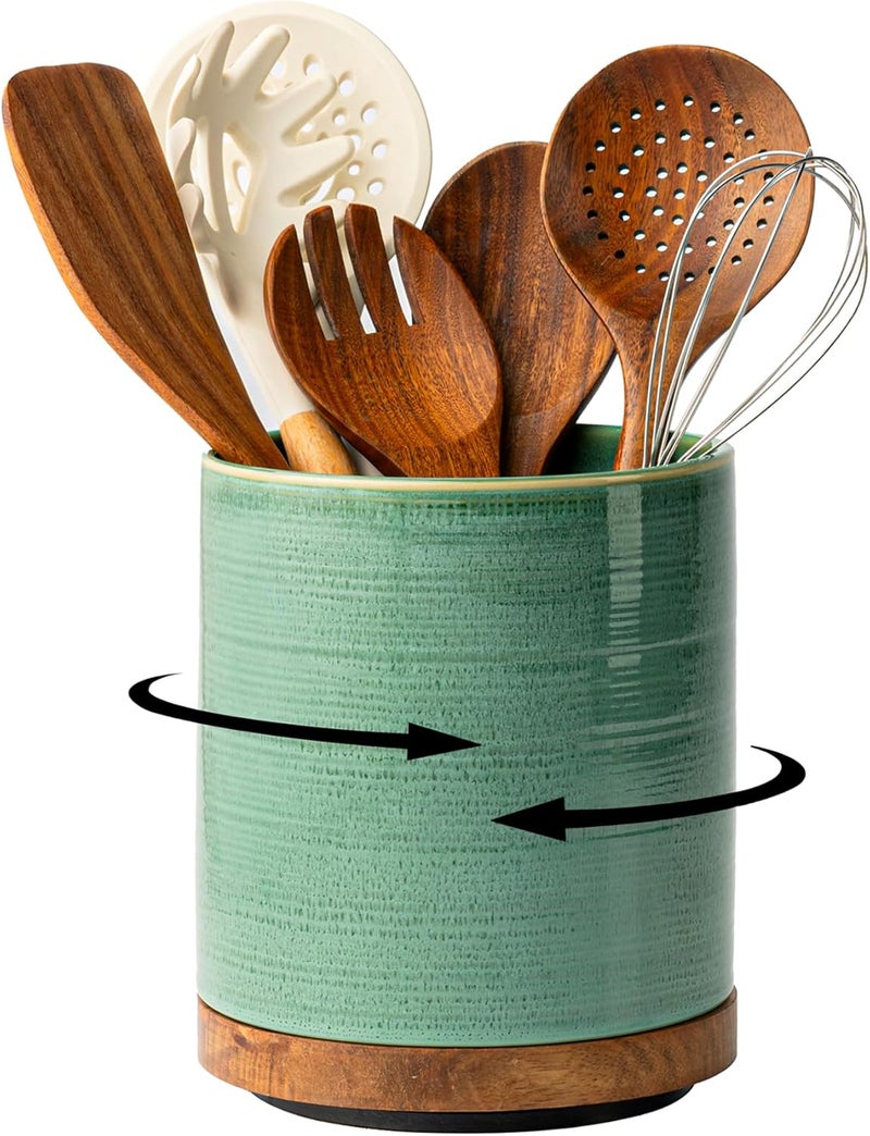 MIKIGEY Utensil Holder, 360° Rotating Extra Large Ceramic Kitchen Utensil Holder for Countertop, 7.3“ Cooking Utensil Crocks for Kitchen Counter with Rotatable Wooden Base, Farmhouse Decor, Forest Green - Image 1